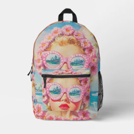 Retro Beach Girl mit Blumenbrille Bedruckter Rucksack