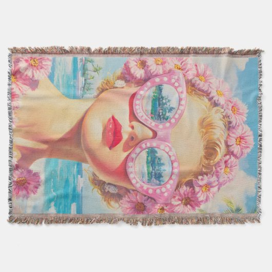 Retro Beach Girl mit Blumenbrille Decke (Vorderseite)