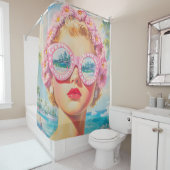 Retro Beach Girl mit Blumenbrille Duschvorhang (Beispiel)