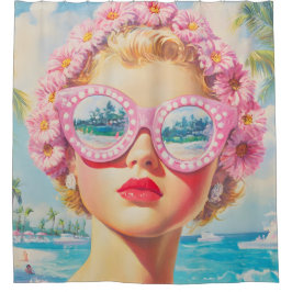 Retro Beach Girl mit Blumenbrille Duschvorhang