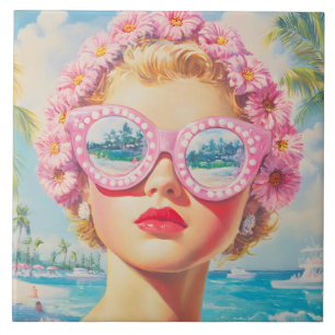 Retro Beach Girl mit Blumenbrille Fliese