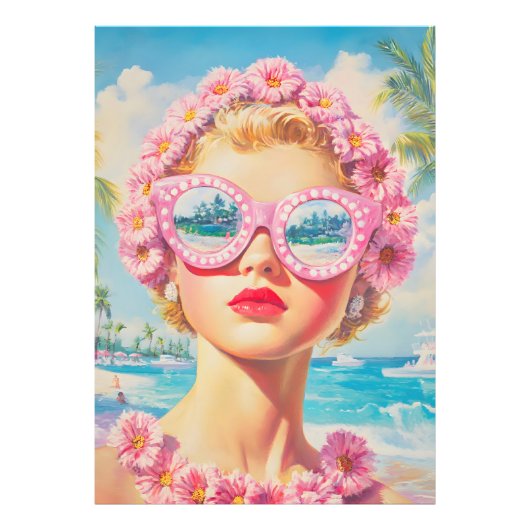 Retro Beach Girl mit Blumenbrille Fotodruck (Vorne)