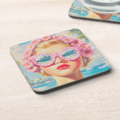 Retro Beach Girl mit Blumenbrille Getränkeuntersetzer (Linke Seite)