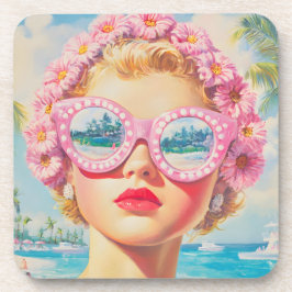 Retro Beach Girl mit Blumenbrille Getränkeuntersetzer