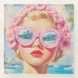 Retro Beach Girl mit Blumenbrille Glasuntersetzer