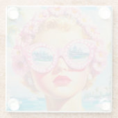 Retro Beach Girl mit Blumenbrille Glasuntersetzer (Rückseite)