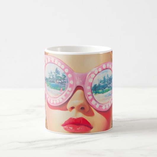 Retro Beach Girl mit Blumenbrille Kaffeetasse (Mittel)