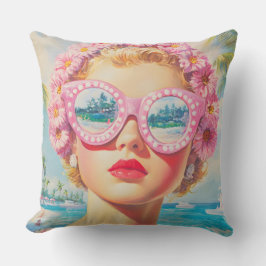 Retro Beach Girl mit Blumenbrille Kissen
