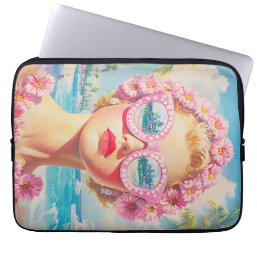 Retro Beach Girl mit Blumenbrille Laptopschutzhülle (Vorderseite)