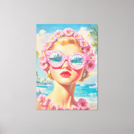 Retro Beach Girl mit Blumenbrille Leinwanddruck