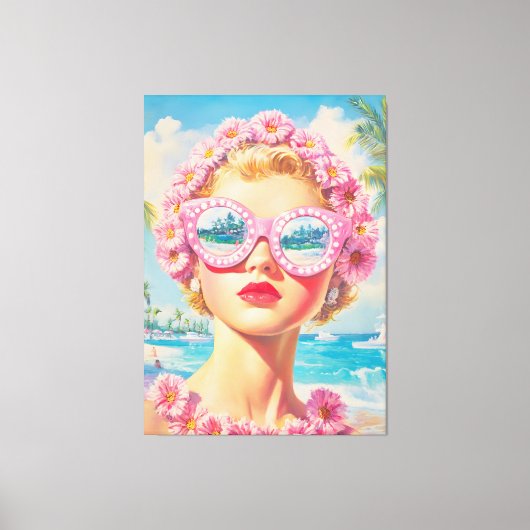 Retro Beach Girl mit Blumenbrille Leinwanddruck (Vorderseite)