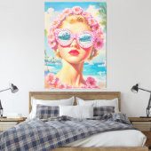 Retro Beach Girl mit Blumenbrille Leinwanddruck (Insitu (Schlafzimmer))