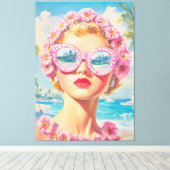 Retro Beach Girl mit Blumenbrille Leinwanddruck (Insitu (Holzboden))