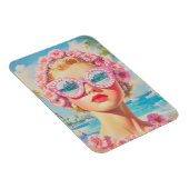 Retro Beach Girl mit Blumenbrille Magnet (Rechte Seite)