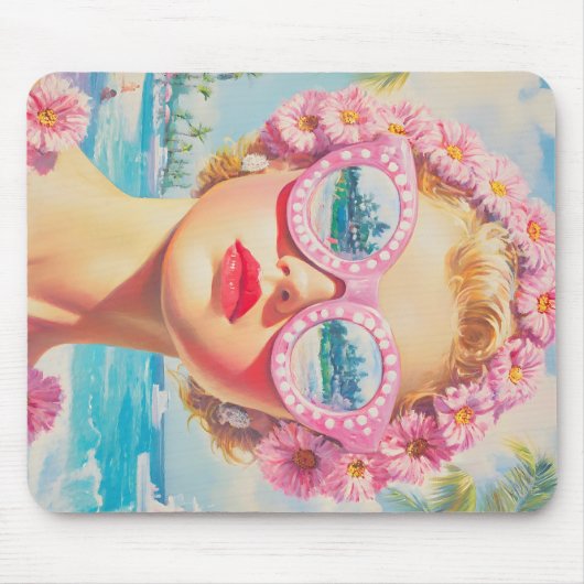 Retro Beach Girl mit Blumenbrille Mousepad (Vorne)