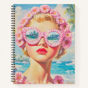 Retro Beach Girl mit Blumenbrille Notizblock