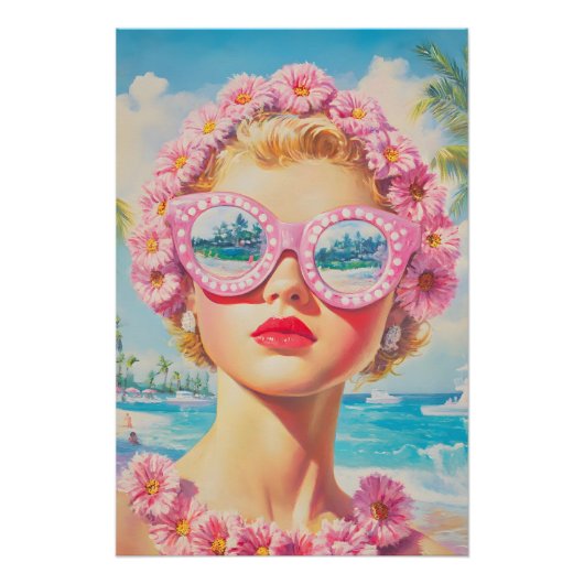 Retro Beach Girl mit Blumenbrille Poster (Vorderseite)
