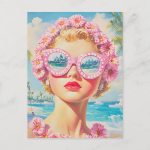 Retro Beach Girl mit Blumenbrille Postkarte