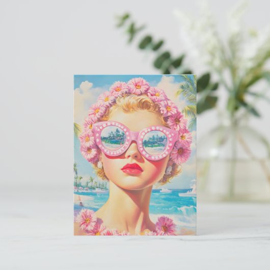 Retro Beach Girl mit Blumenbrille Postkarte (Stehend Vorderseite)