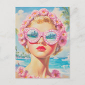 Retro Beach Girl mit Blumenbrille Postkarte (Vorderseite)