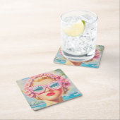 Retro Beach Girl mit Blumenbrille Rechteckiger Pappuntersetzer (Vor Ort)