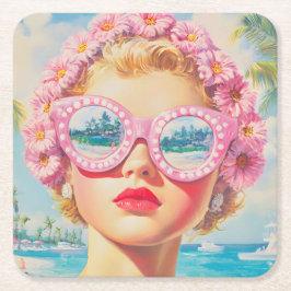 Retro Beach Girl mit Blumenbrille Rechteckiger Pappuntersetzer