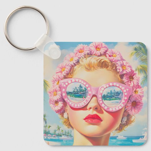 Retro Beach Girl mit Blumenbrille Schlüsselanhänger (Vorderseite)