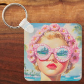 Retro Beach Girl mit Blumenbrille Schlüsselanhänger (Vorderseite)