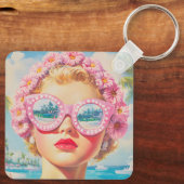 Retro Beach Girl mit Blumenbrille Schlüsselanhänger (Rückseite)