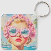 Retro Beach Girl mit Blumenbrille Schlüsselanhänger (Rückseite)