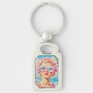 Retro Beach Girl mit Blumenbrille Schlüsselanhänger