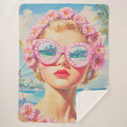 Retro Beach Girl mit Blumenbrille Sherpadecke (Vorderseite)