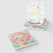 Retro Beach Girl mit Blumenbrille Steinuntersetzer (Seitenansicht)