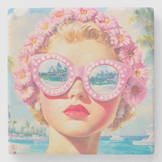 Retro Beach Girl mit Blumenbrille Steinuntersetzer (Vorderseite)