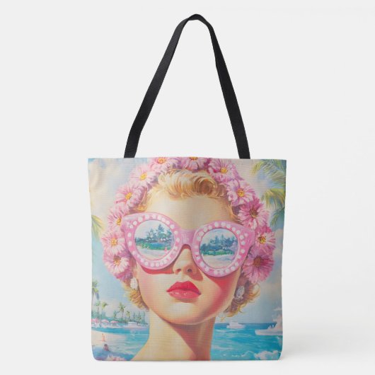 Retro Beach Girl mit Blumenbrille Tasche (Vorderseite)
