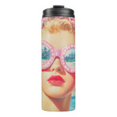 Retro Beach Girl mit Blumenbrille Thermosbecher (Vorderseite)
