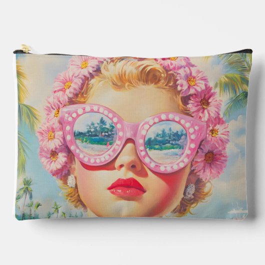 Retro Beach Girl mit Blumenbrille Zubehörtasche (Vorderseite)