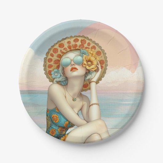 Retro Beach Glam Stilvolle Frau in Sonnenbrille Pappteller (Vorderseite)