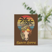 Retro Beach Hippie Pferd, das Sonnenuntergang auf Postkarte (Stehend Vorderseite)