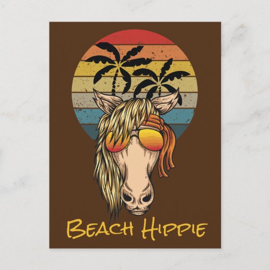 Retro Beach Hippie Pferd, das Sonnenuntergang auf  Postkarte (Vorderseite)