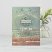 Retro Beach Hochzeit - Vintag Seascape Einladung (Stehend Vorderseite)