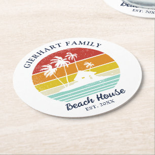 Retro Beach House Family Wiedersehen Palm Trees Runder Pappuntersetzer