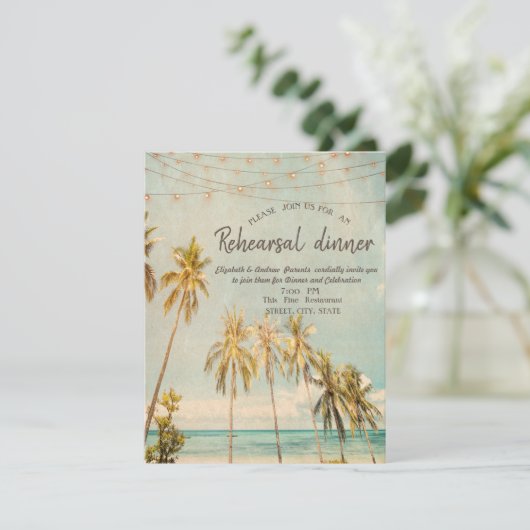 Retro Beach Palms Probe Abendessen Einladung (Stehend Vorderseite)