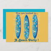 Retro Beach Party blaue Surfbretter und Sand Einladung (Vorne/Hinten)