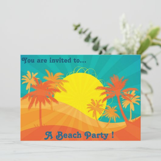 Retro Beach Party Sonnenuntergang Palmen Einladung (Stehend Vorderseite)