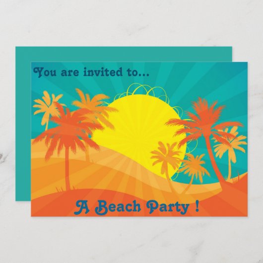 Retro Beach Party Sonnenuntergang Palmen Einladung (Vorne/Hinten)