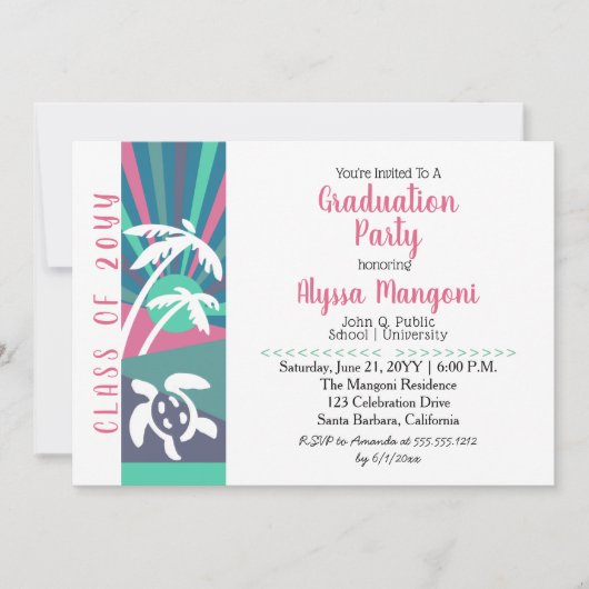 Retro Beach Sunset Graduation Party Einladung (Vorderseite)