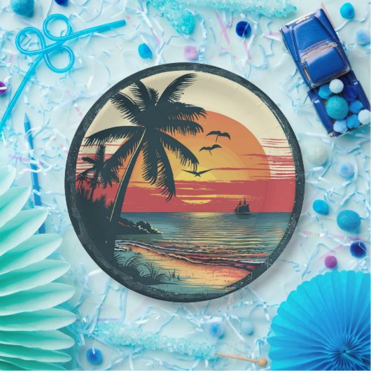 Retro Beach Sunset Tropical Party Themenstrand Pappteller (Party)
