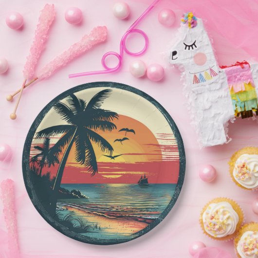 Retro Beach Sunset Tropical Party Themenstrand Pappteller (Party)