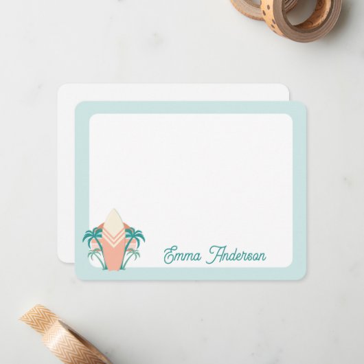 Retro Beach Surfboard Palm Tree Tropical Note Card Mitteilungskarte (Vorderseite/Rückseite Beispiel)